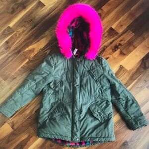 Kids Olive Parka Jacket with Hot Pink Faux Fur Hood